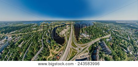 Virtual Reality, Riga Street And Livig Houses, Latvia, Drone Vr Technology 360 Simulation Drone Shot