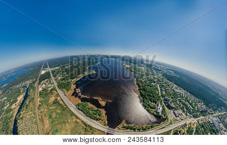Virtual Reality, Riga Street And Livig Houses, Latvia, Drone Vr Technology 360 Simulation Drone Shot