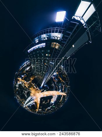 Riga, Latvia, Virtual, Reality Vr Technology 360 Life Simulation Drone Shot The Towers Sphere Hotel
