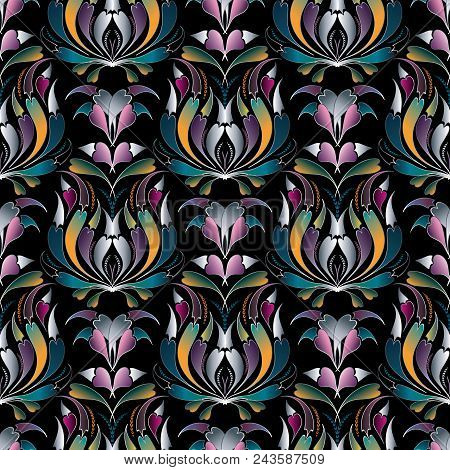 Colorful Damask Deamless Pattern. Floral Vector Background. Hand Drawn Flowers, Leaves, Ornaments.