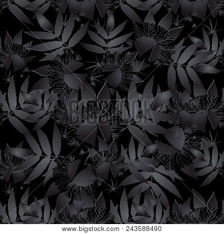 Dark Black Abstract Floral Seemless Pattern. Leafy Vector Background With Shadows And Highlights.