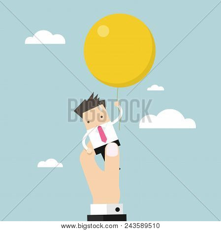 Businessman Flying Away With Balloon But Being Hindered By Businessman Large Hands.