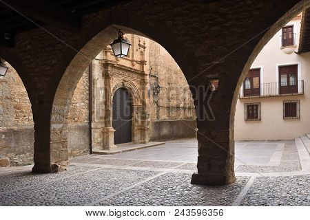 Square Of La Iglesia And Church, La Iglesuela Del Cid, Mestrazgo, Teruel Province, Aragon, Spain