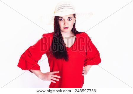 Long-haired Young Woman With A Sun Hat. Studioshoot - Landscape