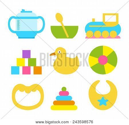 Children S Drinker, Bowl With Spoon, Toy Train Truck, Set Of Blocks, Rubber Duck, Color Ball, Plasti