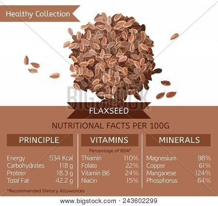 Flaxseed Health Benefits. Vector Illustration With Useful Nutritional Facts. Essential Vitamins And 