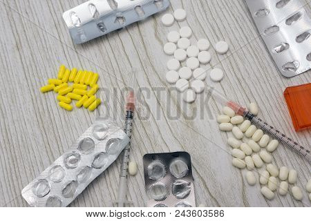 Pharmaceutical Colorful Pills Medicine Antibiotics Tablets Medicine In Blister Packaging On White Ba