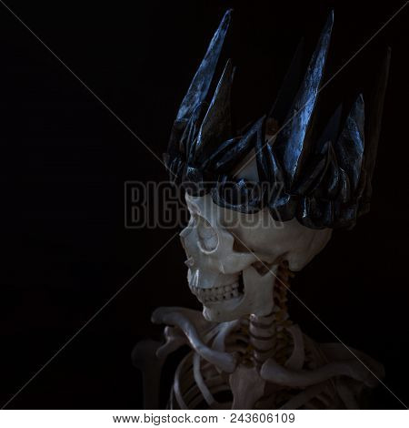 The Skull In The Crown. Grim Necromancer In Gothic Crown. Black Background, Halloween Concept, Free 