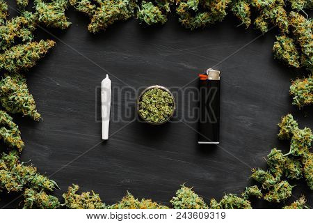 Grinder A Lot Ofx Marijuana, Fresh Buds Of Cannabis Many Weed. Copy Spase Copy-space