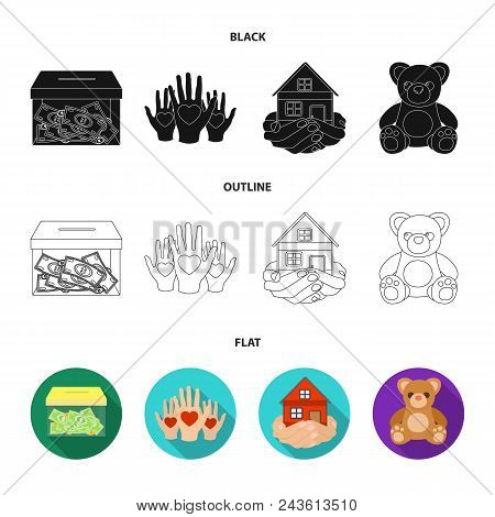 Boxing Glass With Donations, Hands With Hearts, House In Hands, Teddy Bear For Charity. Charity And 
