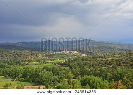 Landscape Of The Maestrazgo In The Background The Town Of Zorita Del Maestrazgo, Castellon Province,