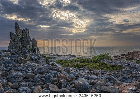 Rocky Beach Landscape At Dusk. Hovs Hallar, Sweden.