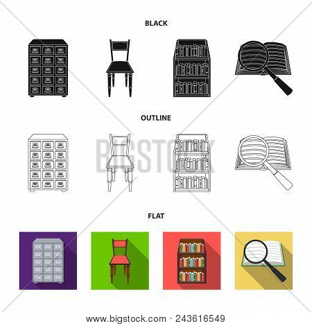 Cabinet With Filing Cabinet, Chair, Shelves, Information Search. Library And Bookstore Set Collectio