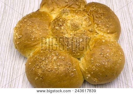 Buns Made As Flower Or Snails Family. Freshly Baked Sweet Buns Or Bread Rolls With Black Sweet Poppy