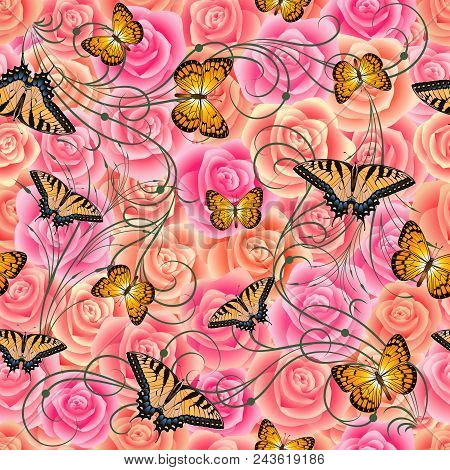 Illustration Of Seamless Pattern From Roses In Pastel Pink Colors, Swallowtail And Silverspot Butter