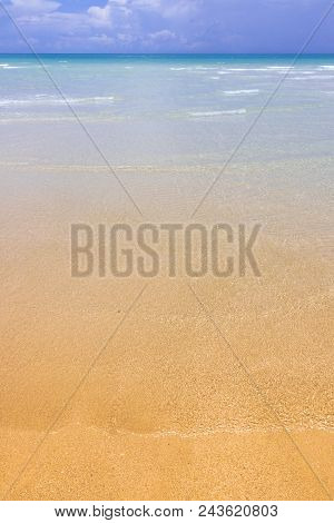 Sea View On Bright Blue Beach From Tropical. Clouds On Horizon And Some Storm Clouds. Outdoor Travel