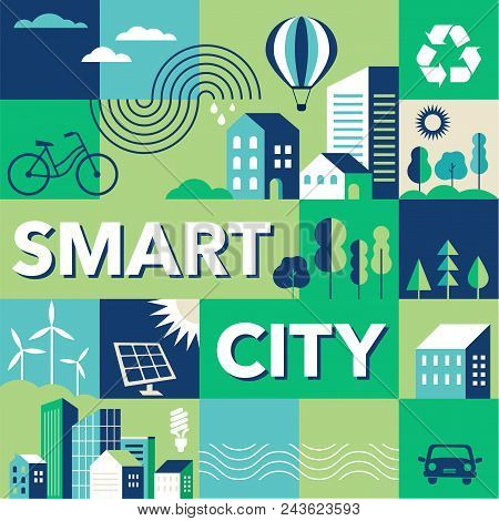 Green City, Smart City Concept, Modern Design. Geometric Urban Landscape, Banner And Poster