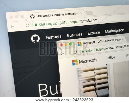 Amsterdam, Netherlands - June 4, 2018: Websites Of Microsoft And Github Inc. Microsoft Inquired Gith