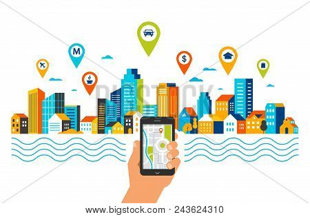 Mobile Navigation App Concept. Route Map With Symbols Showing Location With A Urban, City Landsape O