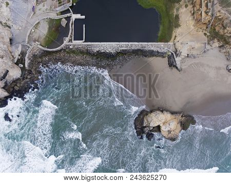 Aerial View Of Sutro Bath Ruins And Seal Rock On Ocean Beach In San Francisco, California.