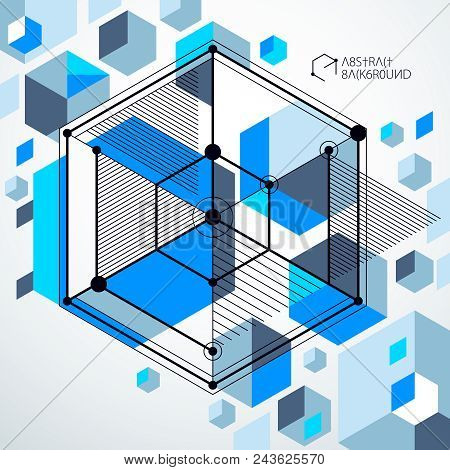 Lines And Shapes Abstract Vector Isometric 3d Blue Background. Abstract Scheme Of Engine Or Engineer