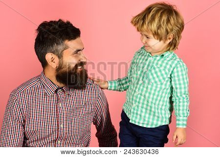 Family&childhood Concept - Happy Father And Son In Checkered Clothing Looking At Each Other. Father'