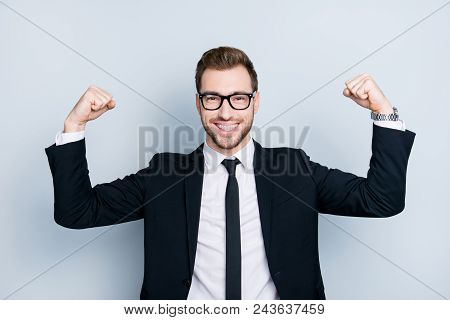 Portrait Of Successful Arrogant Overconfident Professional Worker Wearing Black Classic Outfit Demon