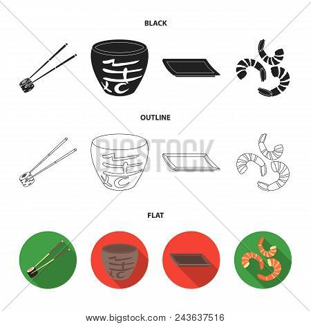 Sticks, Shrimp, Substrate, Bowl.sushi Set Collection Icons In Black, Flat, Outline Style Vector Symb