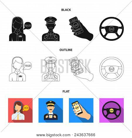 A Taxi Driver With A Microphone, A Taxi Driver At The Wheel, A Cell Phone With A Number, A Car Steer