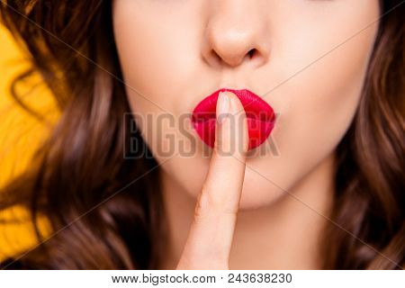 Shh! Cropped Close Up Half Face Portrait Of Mysterious Lady Gesturing Silence Sign With Index Finger