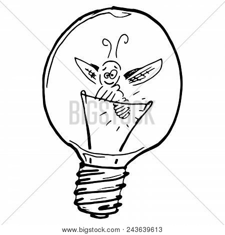 Vector Firefly In Light Bulb. Doodle Light Concept. Incandescent Lamp With A Firefly. Hand Drawn Fir