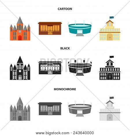 House Of Government, Stadium, Cafe, Church.building Set Collection Icons In Cartoon, Black, Monochro