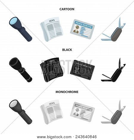 Flashlight, Newspaper With News, Certificate, Folding Knife.detective Set Collection Icons In Cartoo