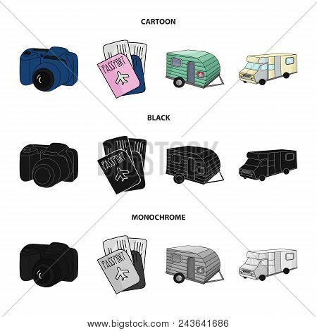 Vacation, Photo, Camera, Passport .family Holiday Set Collection Icons In Cartoon, Black, Monochrome