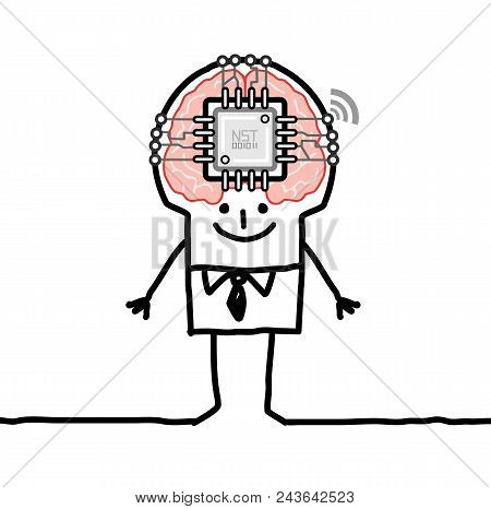 Vector Cartoon Man With Big Brain And Microchip