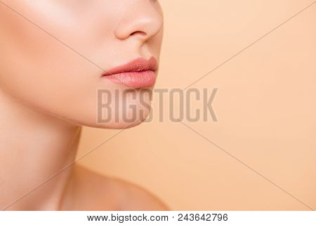 Closeup Half Face Portrait Of Attractive, Nude, Natural, Perfect, Ideal Girl With Soft, Healthy Smoo