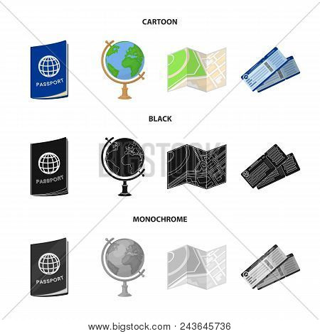 Vacation, Travel, Passport, Globe .rest And Travel Set Collection Icons In Cartoon, Black, Monochrom