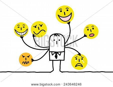 Vector Cartoon Man With Multi Emoticon Faces