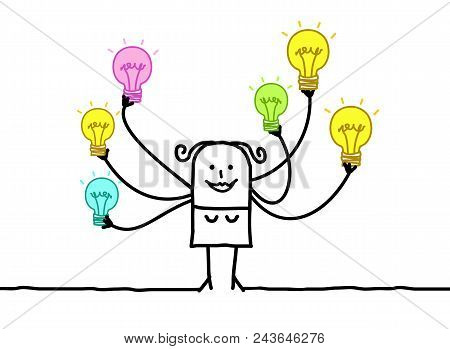 Vector Cartoon Woman With Multi Light Bulbs