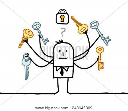 Vector Cartoon Man With Multi Keys And Solution