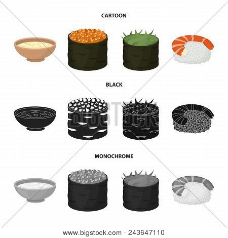 Bowl Of Soup, Caviar, Shrimp With Rice. Sushi Set Collection Icons In Cartoon, Black, Monochrome Sty