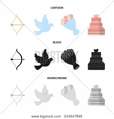 Arrow Cupid, Dove, Bouquet Of Flowers, Wedding Cake. Wedding Set Collection Icons In Cartoon, Black,