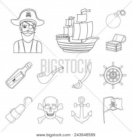 Pirate, Sea Robber Outline Icons In Set Collection For Design. Treasures, Attributes Vector Symbol S