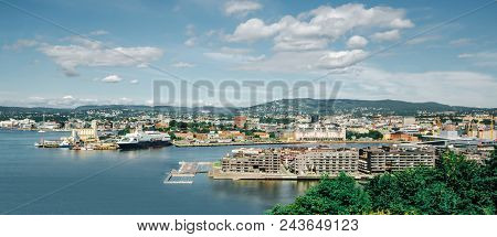 Harbor with old warehosues in the center of Oslo, Norway
