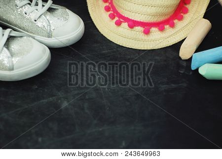 Sport Boots Children Chalkcs Chalkboard Textured Background Copy Space.