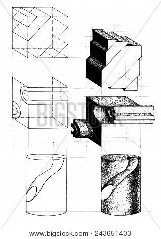 Drawing An Abstract Composition Of Geometric Shapes. Monochrome Color Performance. 2d Illustration.