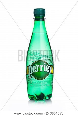 London, Uk - June 02, 2018: Plastic Bottle Of Perrier Sparkling Water. Perrier Is A French Brand Of 