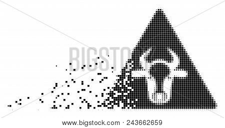 Dispersed Cow Warning Dot Vector Icon With Wind Effect. Square Dots Are Combined Into Dissipated Cow