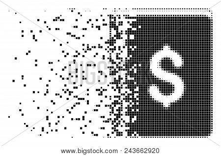 Dispersed Dollar Book Dotted Vector Icon With Wind Effect. Rectangular Points Are Organized Into Dis