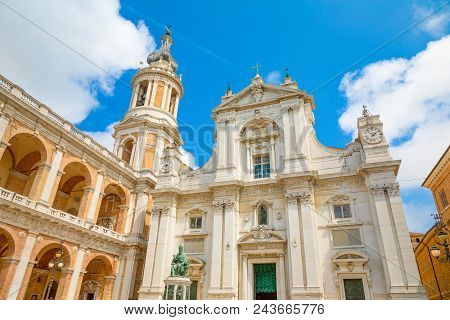 Loreto Basilica In Sunny Day, Sculpture And Tower In Loreto, Italy